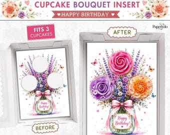 Cupcake Bouquet Insert Template, Floral Cupcake Holder, Printable Birthday Dessert Box Decor, Watercolor Cupcake Bouquet