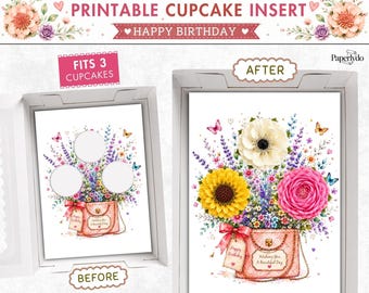 Printable Birthday Cupcake Insert Template, Floral Cupcake Bouquet Holder, 3 Cupcake Gift Box Display.