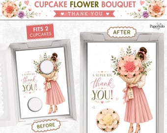 Thank You Cupcake Insert Template, Printable Cupcake Bouquet Holder, Bakery Packaging, Floral Gift Box Insert, 2 Cupcake Display