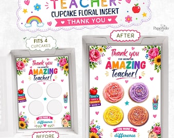 Teacher Cupcake Bouquet Insert Template, Printable Thank You Cupcake Holder, Floral Gift Box Insert, 4 Cupcake Display