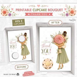 Puede incluir: Diseño imprimible de ramo de cupcakes con temática floral. El diseño presenta a una mujer sosteniendo un gran ramo de rosas rosas, con el texto "A super big thank you!" y "Fits 2 cupcakes". También se incluyen las palabras "Ready to print" y "Digital download".