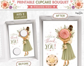 Thank You Cupcake Insert Template, Printable Cupcake Bouquet Holder, Floral Gift Box Insert, 2 Cupcake Display, Bakery Packaging