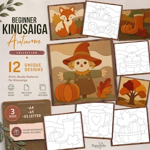 Op de afbeelding: Een digitale collectie van 12 Kinusaiga herfstpatronen met een vogelverschrikker, vos, pompoenen en bladeren. Bevat printklare PDF- en PNG-bestanden in A4, A5 en US Letter-formaten, inclusief een kleurengids voor beginnende knutselprojecten.