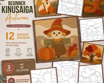 12 Fall Kinusaiga Patterns Bundle, Beginner Japanese Fabric Art Templates, Autumn Printable Patterns, Pumpkin No Sew Craft PDF PNG