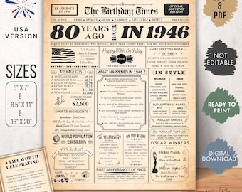 Póster de periódico de cumpleaños de 1946, regalo de 80.º cumpleaños, estilo vintage (PDF y JPG)