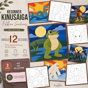 12 folklore-mönster av Kinusaiga-varelser, kryptid och mytisk tygkonst, Bigfoot Mothman Loch Ness, utskrivbar nybörjare PDF PNG JPG