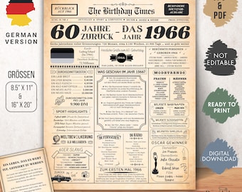 1966 60. Geburtsdag | Vintage Jahrgangsposter Zeitung BRD | Retro verjaardagscadeau voor 60. voor mannen en vrouwen | Sofort zum Ausdrucken.