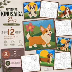 May include: A digital collection of 12 beginner Kinusaiga dog patterns featuring colourful finished illustrations and black and white line art templates. The text includes Beginner Kinusaiga Dogs Collection, 12 unique designs, and print-ready details.