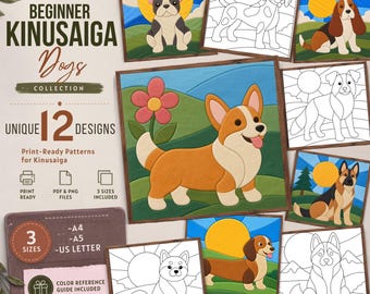 12 Dog Kinusaiga Patterns, Puppy Fabric Art Templates, Beginner Pet No Sew Craft, Dog Lover Printable PDF PNG JPG