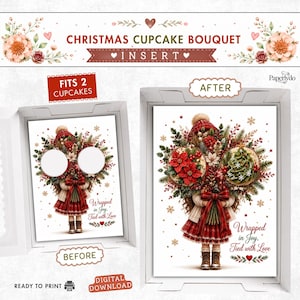 May include: A Christmas cupcake bouquet insert for two cupcakes, featuring a digital download design. The graphic shows a person holding a large floral arrangement with poinsettias and a tree, with the text Wrapped in Joy, Tied with Love.