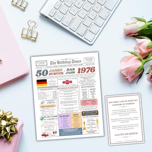 May include: A birthday-themed newspaper print titled "The Birthday Times" celebrating 50 years since 1976. The print includes information about the year 1976, with a German flag, and is surrounded by a keyboard, flowers, and stationery.