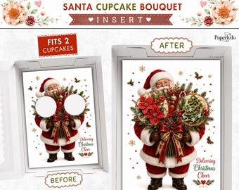 Santa Cupcake Insert Template, Christmas Cupcake Bouquet Holder, Printable Holiday Dessert Box Insert, 2 Cupcake Display