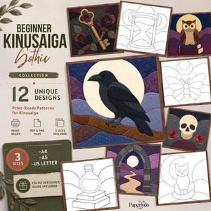 May include: A digital collection of 12 Kinusaiga patterns featuring gothic themes including a crow, owl, skull, key, and moth. The set includes print-ready PDF and PNG files in A4, A5, and US Letter sizes, along with a colour reference guide.