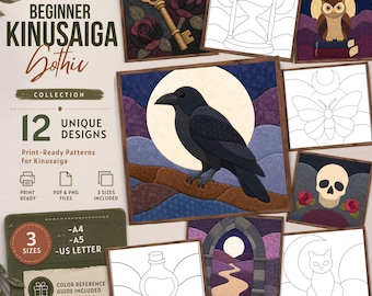 12 Gothic Kinusaiga Patterns Bundle, Beginner Fabric Art Templates, Dark Gothic Designs, Easy No Sew Craft PDF PNG