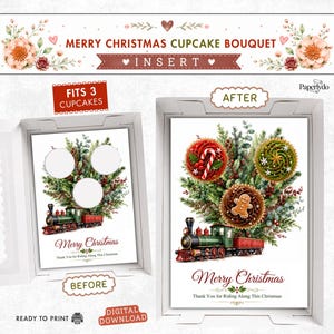 Könnte beinhalten: Ein weißer Cupcake-Bouquet-Einsatz aus Karton mit einer weihnachtlichen Zug-Illustration, Tannenzweigen und Stechpalmen. Das Design enthält den Text Merry Christmas und Thank You for Riding Along This Christmas. Er bietet Platz für drei Cupcakes.