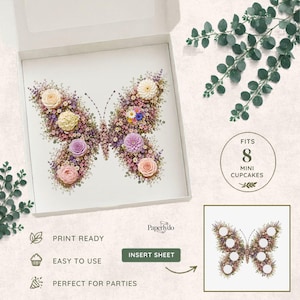 Puede incluir: Una caja blanca con un diseño de mariposa hecho de flores coloridas. El diseño es para 8 mini magdalenas. El texto en la caja dice "Print Ready", "Easy to Use" y "Perfect for Parties".