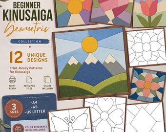 12 Geometric Kinusaiga Patterns Bundle, Beginner Japanese Fabric Art Templates, Easy Abstract No Sew Craft, Printable PDF PNG