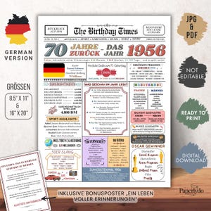 Könnte beinhalten: Ein Vintage-Druck mit dem Titel "The Birthday Times" auf Deutsch, der 70 Jahre seit 1956 feiert. Er enthält historische Fakten, Modetrends und Oscar-Gewinner. Erhältlich in 21,59 cm x 27,94 cm und 40,64 cm x 50,8 cm.