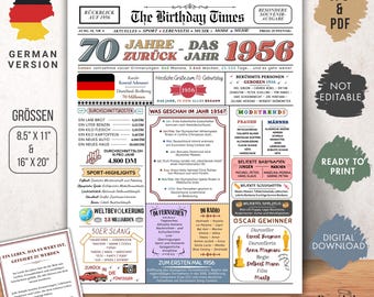 1956 70. Geburtsdag | Jahrgangsposter Zeitung BRD | Geburtstagsgeschenk voor 70. voor mannen en vrouwen | Sofort zum Ausdrucken.