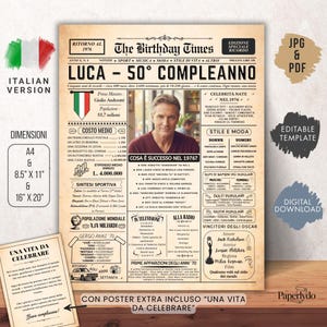 May include: A vintage-style birthday newspaper print for a 50th birthday, featuring a man's photo, headlines, and articles from 1976. Includes Italian text, dimensions, and a digital download option.