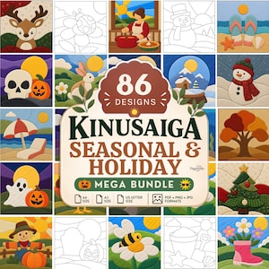 Op de afbeelding: Een digitale collectie van 86 seizoensgebonden en feestelijke Kinusaiga-ontwerpen met diverse illustraties zoals een hert, sneeuwpop, pompoen en strandscènes. Het centrale label toont de tekst 86 DESIGNS KINUSAIGA SEASONAL & HOLIDAY MEGA BUNDLE.