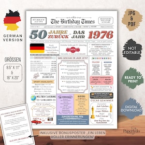 Könnte beinhalten: Ein Poster im Vintage-Stil auf Deutsch, das 50 Jahre seit 1976 feiert. Es enthält Text, eine deutsche Flagge und Informationen über das Jahr, einschließlich Kosten, Sportereignisse und Popkultur. Erhältlich in 21,59x27,94 cm und 40,64x50,8 cm.
