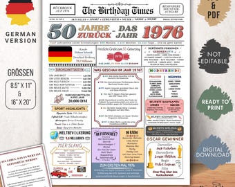 1976 50. Geburtsdag | Jahrgangsposter Zeitung BRD | Geburtstagsgeschenk voor 50. voor mannen en vrouwen | Sofort zum Ausdrucken.