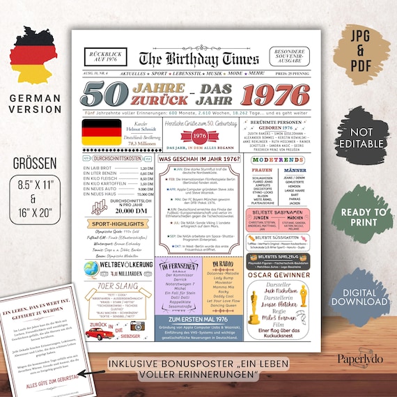 1976 50. Geburtstag | Jahrgangsposter Zeitung BRD | Geburtstagsgeschenk zum 50. für Männer und Frauen | Sofort zum Ausdrucken.