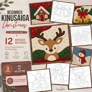 Könnte beinhalten: Eine digitale Sammlung von 12 Kinusaiga-Weihnachtsmustern für Anfänger mit festlichen Motiven wie Rentier, Lebkuchenhaus, Schneemann und Weihnachtsstrumpf. Enthält druckfertige PDF- und PNG-Dateien in den Größen A4, A5 und US Letter mit Farbleitfaden.