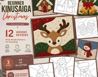 12 Christmas Kinusaiga Patterns Bundle, Beginner Japanese Fabric Art Templates, Printable Holiday Patterns, PDF PNG Color Guides
