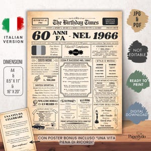 May include: A vintage-style poster titled "The Birthday Times" in Italian, celebrating 60 years since 1966. It features news, sports, fashion, and a section on what happened in 1966. Includes dimensions A4, 8.5" x 11", and 16" x 20".