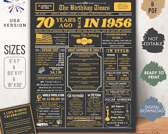 70e verjaardag krantenposter 1956, 70 jaar geleden bord, 1956 feiten afdrukbaar, 70e verjaardagscadeau voor mannen of vrouwen, zwart-gouden VS-versie