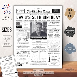 May include: A vintage-style print titled "The Birthday Times" for a 50th birthday, featuring a portrait, historical facts, and a list of popular items from 1976. Includes a bonus "A Life Worth Celebrating" poster.
