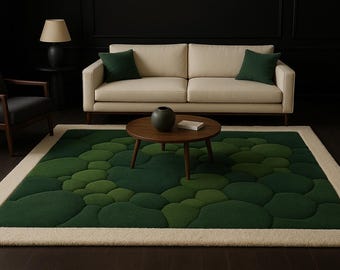 Nature-Inspired Moss Rug – Hand Tufted Irregular Green Wool Carpet | Cozy 3D Pebble Texture Rug for Living Room Custom Soft Pond Design Rug