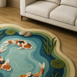 May include: A decorative rug featuring a pond design with koi fish, lily pads, and aquatic plants. The rug has a blue, green, and beige color scheme. The koi fish are orange, white, and black. The rug is placed on a wooden floor.
