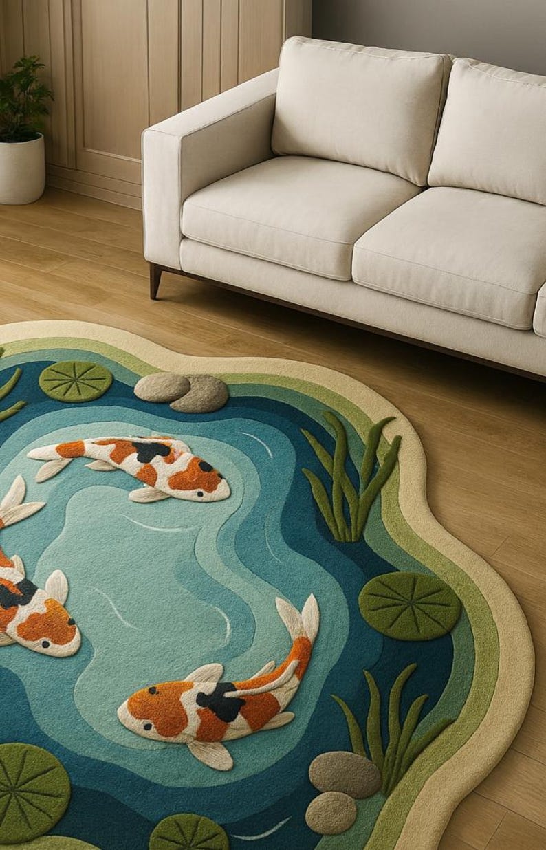 May include: A decorative rug featuring a pond design with koi fish, lily pads, and aquatic plants. The rug has a blue, green, and beige color scheme. The koi fish are orange, white, and black. The rug is placed on a wooden floor.