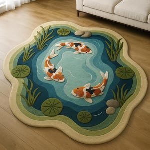 May include: A whimsical, pond-shaped rug featuring three koi fish in shades of orange, black, and white. The rug has layers of blue and green, with lily pads and aquatic plants. The rug is a unique home decor item.