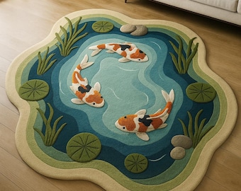 Tappeto per laghetto con carpe koi, lavorato a mano – Tappeto in lana a trama irregolare, con disegno di pesci in 3D.