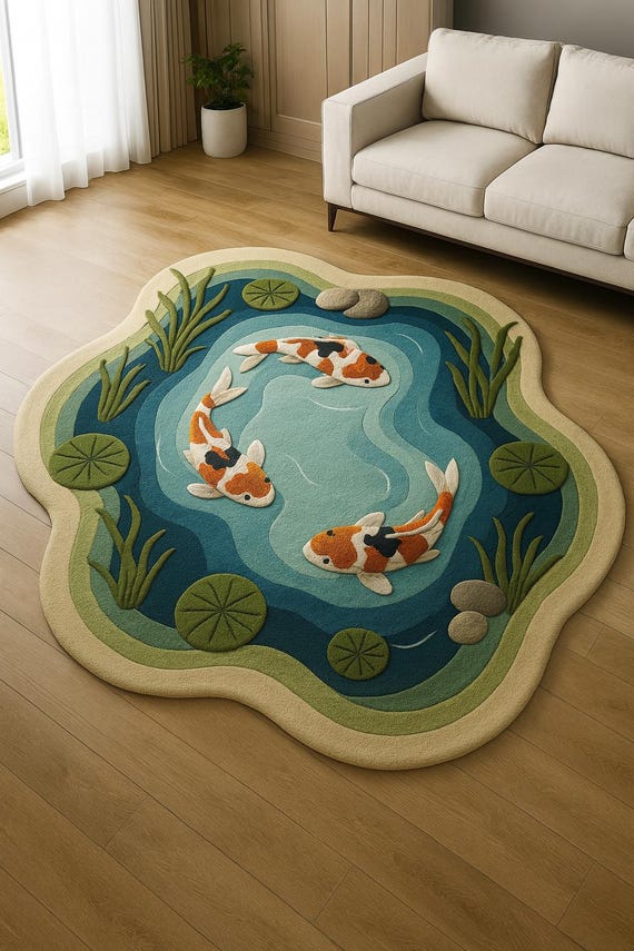 Hand-Tufted Koi Pond Rug – Irregular Wool Area Carpet, 3D Fish Design
