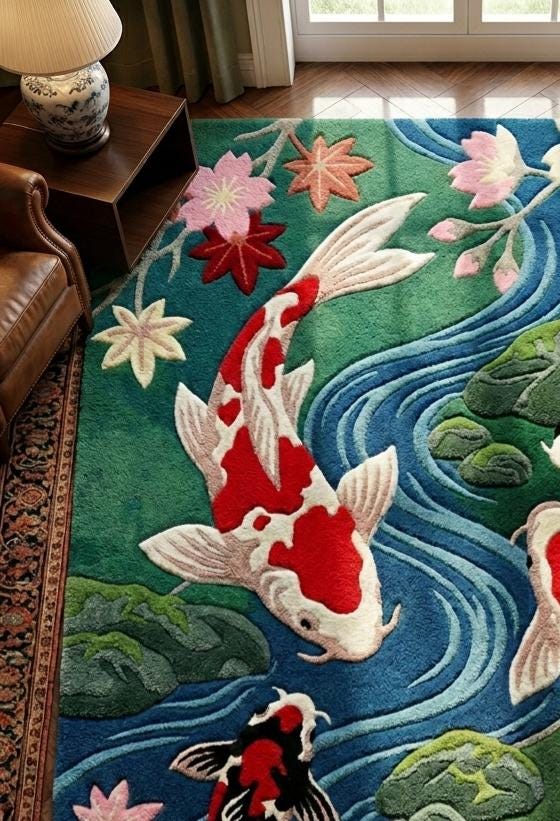 Koi Fish Floral Runner Rug, Handmade Tufted Wool Carpet, Asian Inspired ...