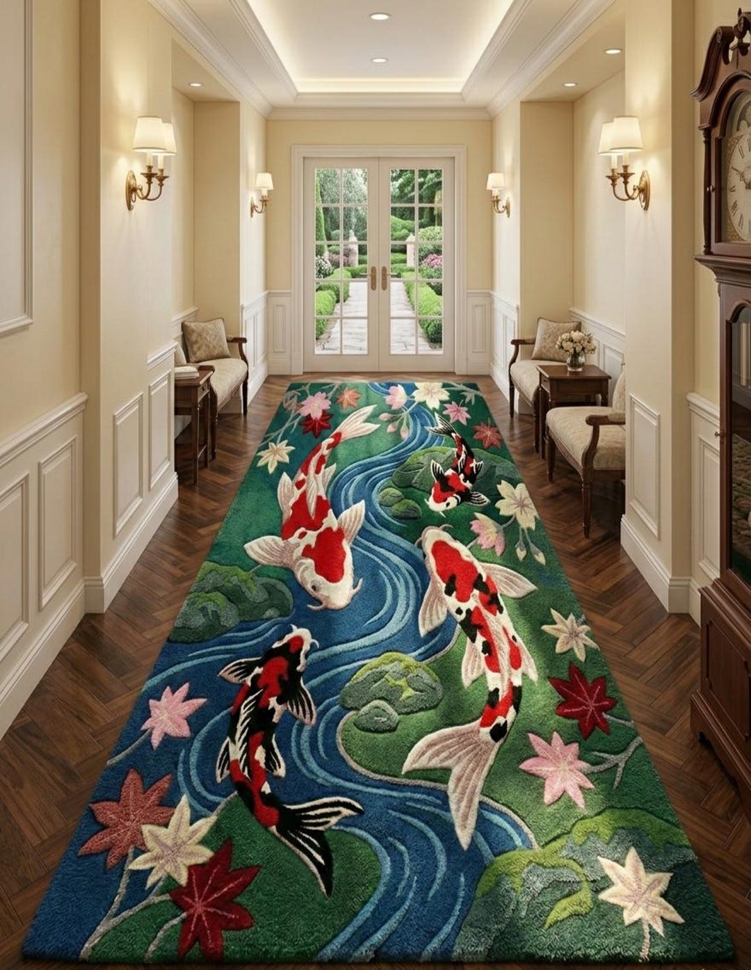 Koi Fish Floral Runner Rug, Handmade Tufted Wool Carpet, Asian Inspired ...
