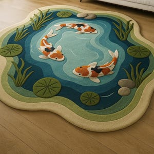 May include: A whimsical, pond-shaped rug featuring a serene design. The rug showcases a layered effect with shades of blue, green, and beige, depicting water, lily pads, and koi fish. The koi fish have orange, white, and black markings.