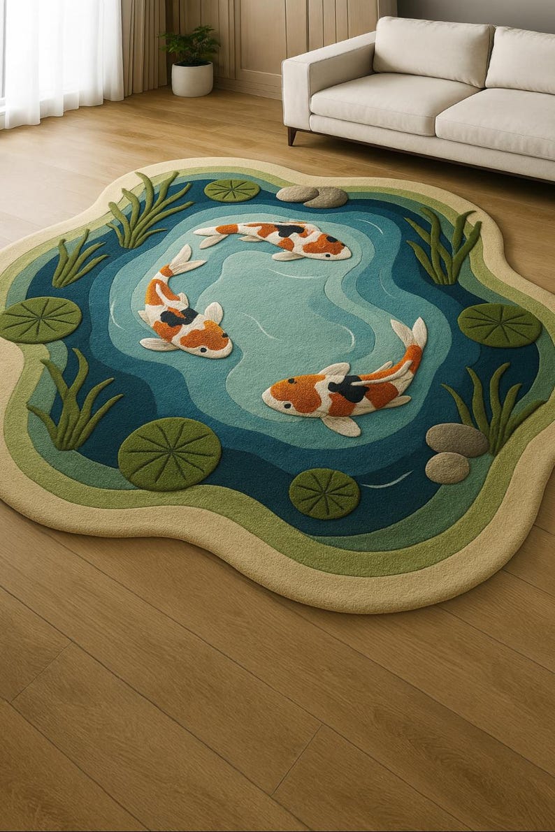 May include: A whimsical, pond-shaped rug featuring a serene design. The rug showcases a layered effect with shades of blue, green, and beige, depicting water, lily pads, and koi fish. The koi fish have orange, white, and black markings.