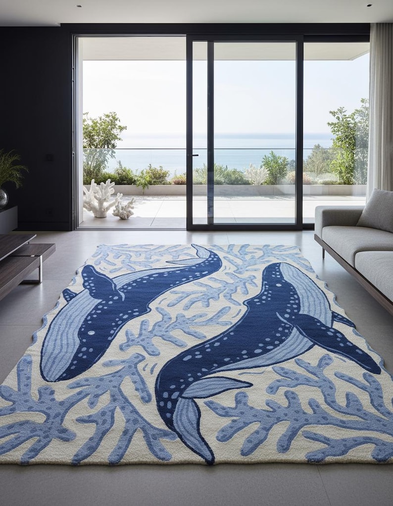 Hand-tufted Whale Rug, Custom Cut-out Ocean Carpet, Luxury Blue Coastal ...