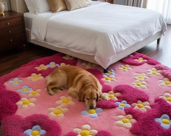 Hand-Tufted Floral Pink Wool moss Rug – Cozy 3D Daisy Carpet for Bedroom, Irregular Soft Tufted Area Rug, Modern Cute Home Decor