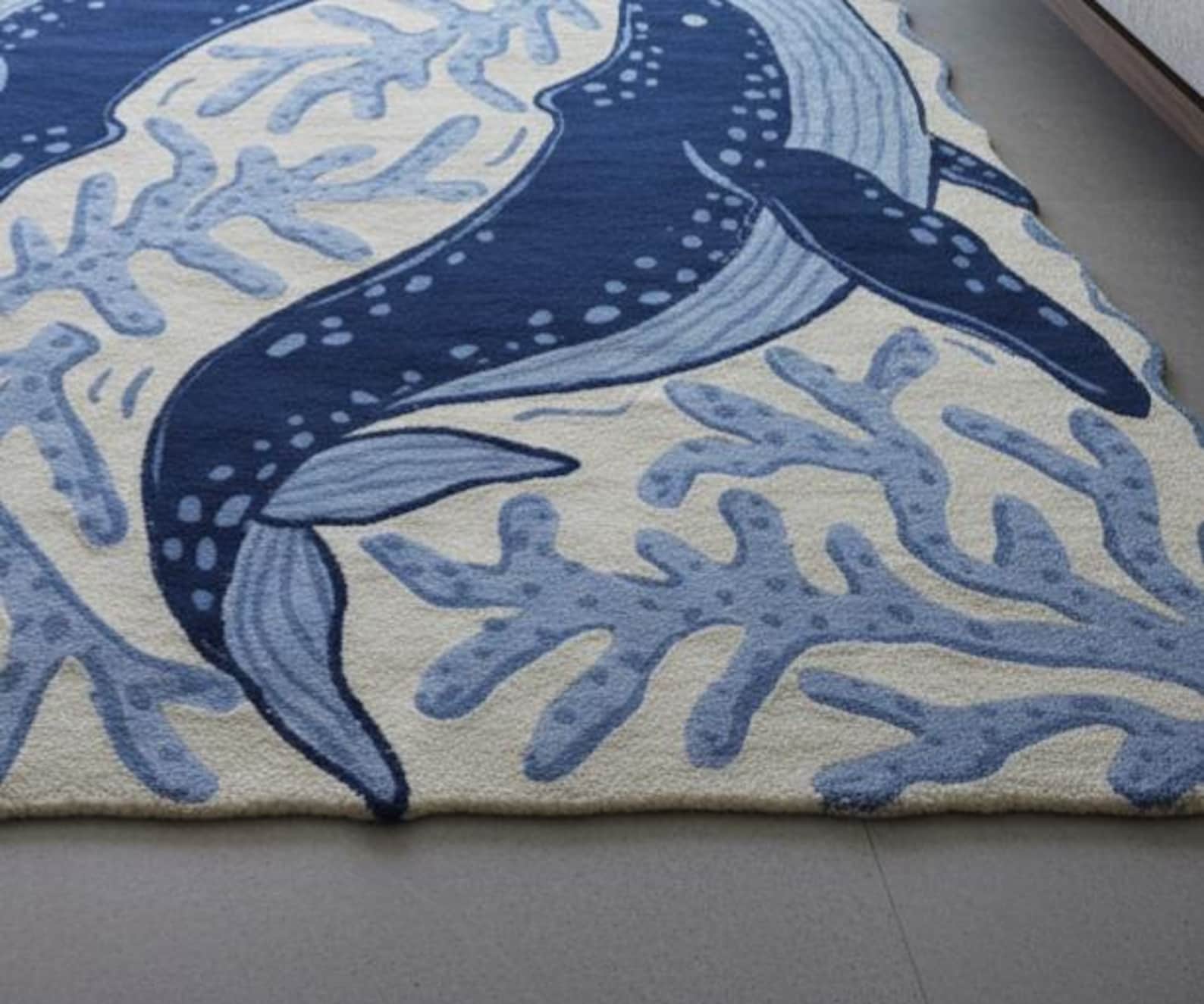 Hand-tufted Whale Rug, Custom Cut-out Ocean Carpet, Luxury Blue Coastal ...