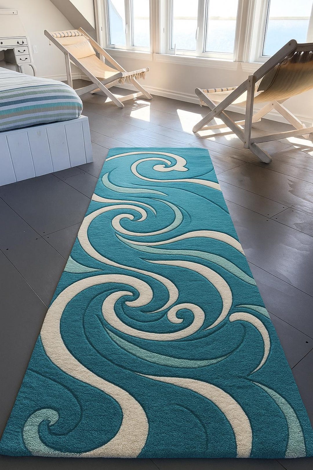 Blue Wavy Pattern Rug 3x10ft Modern Ocean Wave Pattern Rug – Hand-tufted Aqua Blue & Cream ...