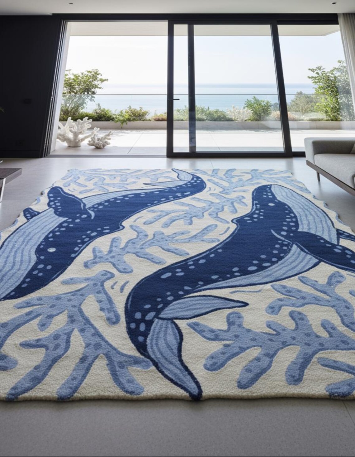 Hand-tufted Whale Rug, Custom Cut-out Ocean Carpet, Luxury Blue Coastal ...