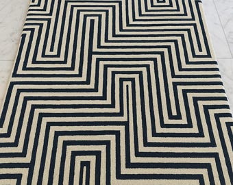 Hand Tufted Wool Rug, Modern Geometric Maze Design, Black and Ivory