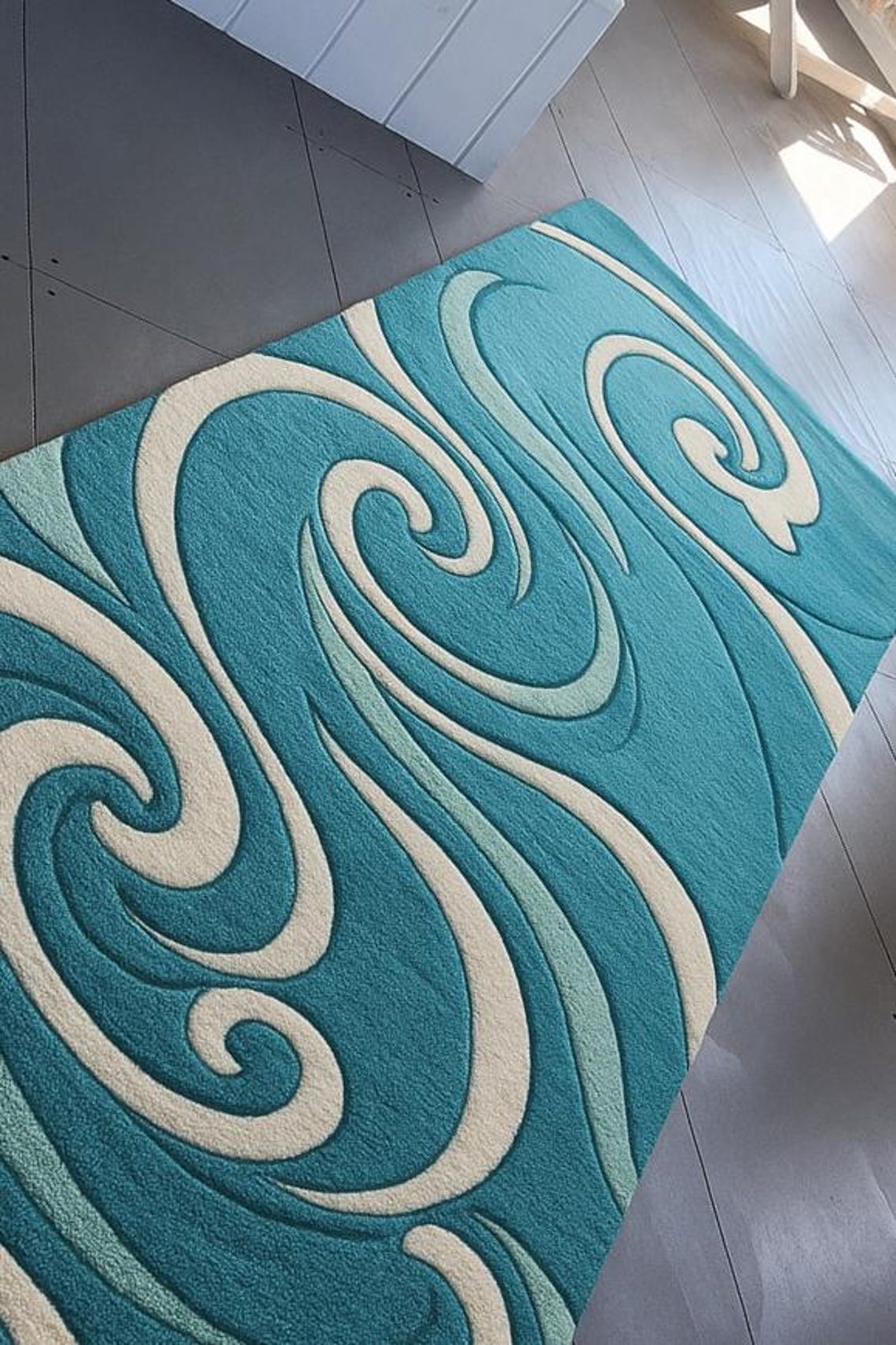 3x10ft Modern Ocean Wave Pattern Rug – Hand-tufted Aqua Blue & Cream ...